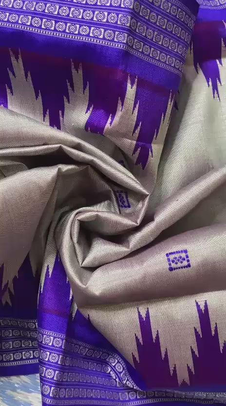 Dual-Tone Grey & Blue Berhampuri Silk Saree With Contrast Blouse Piece