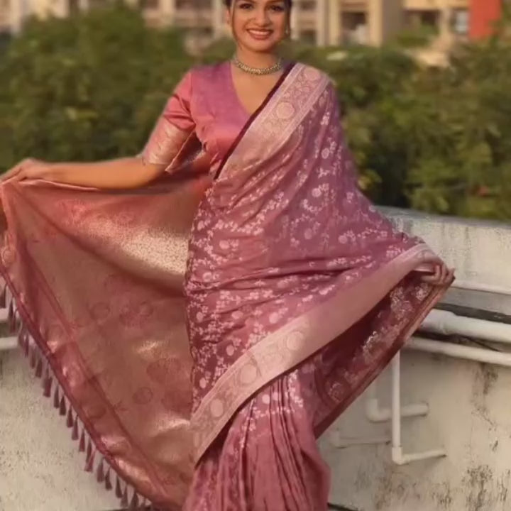 Banarasi Antique Silk Saree Jaal Zari Weaves | Rich Dusty Pastel Elegance