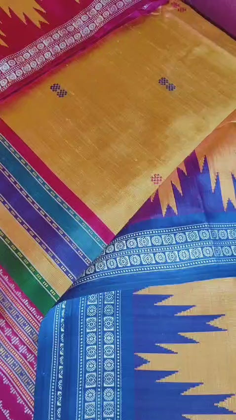 Golden Yellow Berhampuri Silk Saree - Dual Shade Double Pallu with Ganga Jamuna Border