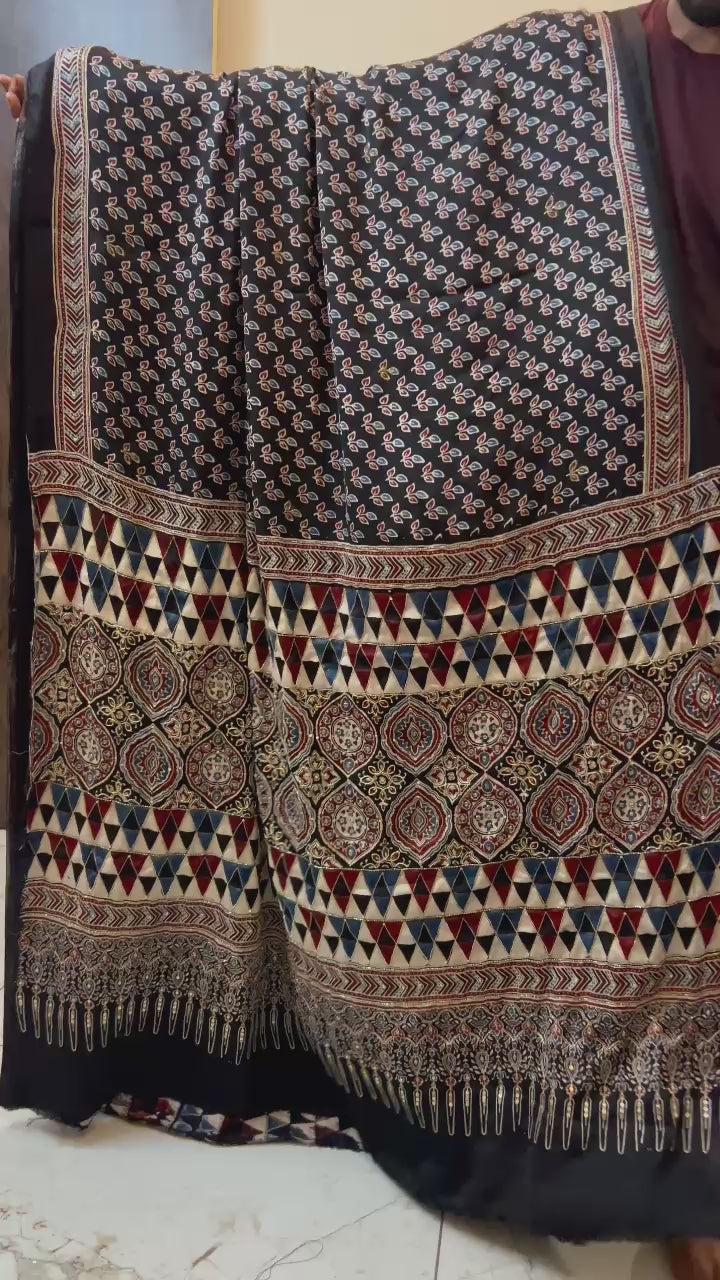 Most Demanded Pure Modal Silk Ajrakh Hand Block Print Saree with Zardoshi Zari Hand Work