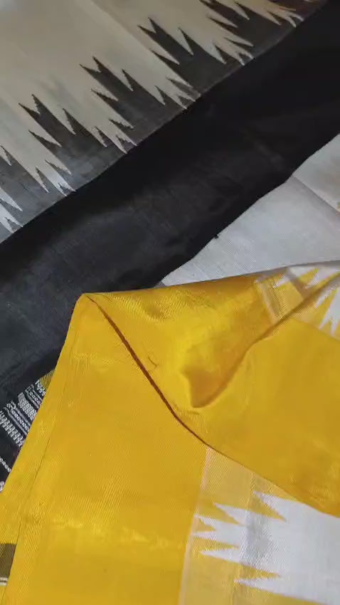 Authentic White Berhampuri Double Palla Silk Saree – Black & Mustard Pallu
