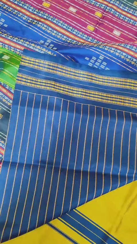Exclusive Berhampuri Double Pallu Silk Saree | Yellow with Royal Blue | Contrast Striped Blouse