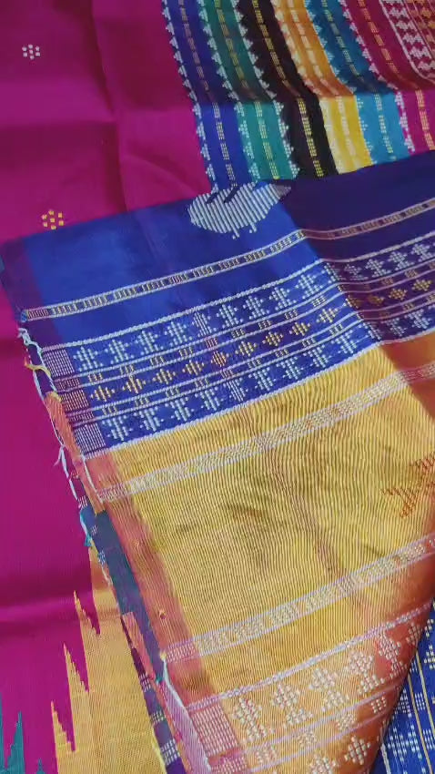 Authentic Berhampuri Double Pallu Silk Saree | Multicolour Phoda Kumbha Border | Odisha Handloom