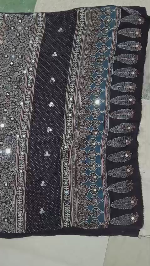 Pure Ajrakh Handblock Print Black Modal Silk Saree with Mirror Work