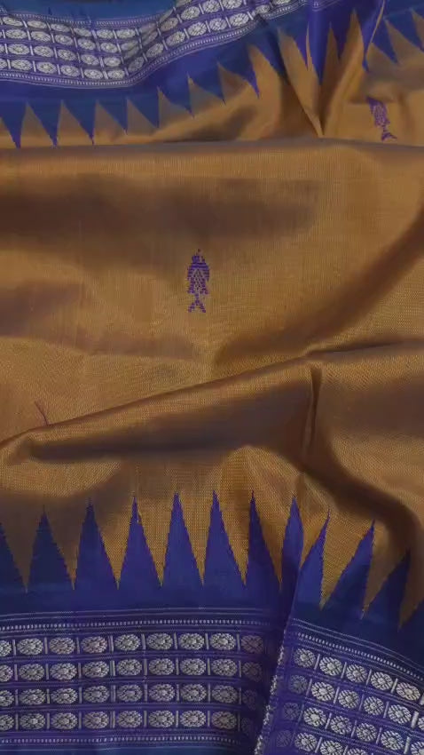 Dual Tone Mustard Gold With Blue Berhampuri Double Aanchal Silk Saree with Blouse