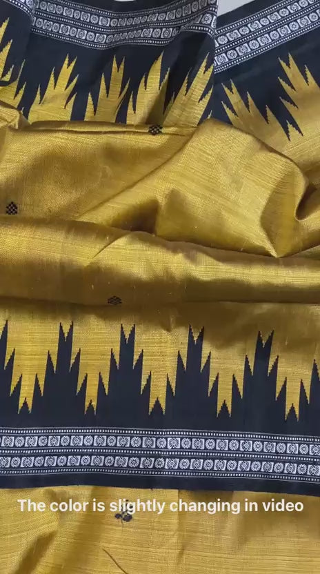 Berhampuri Silk Saree – Double Aanchal Elegance in Mustard & Black
