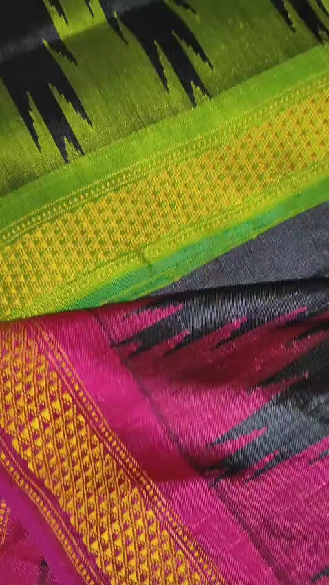 Authentic Berhampuri Double Pallu Silk Saree – With Ganga Jamuna Phoda Kumbha Border & Multicolour Pallu