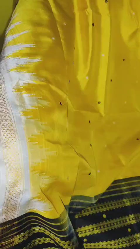 Stunning Yellow Pure Mulberry Silk Berhampuri Double Pallu Patta Saree With ganga Jamuna Phodakumbha Border