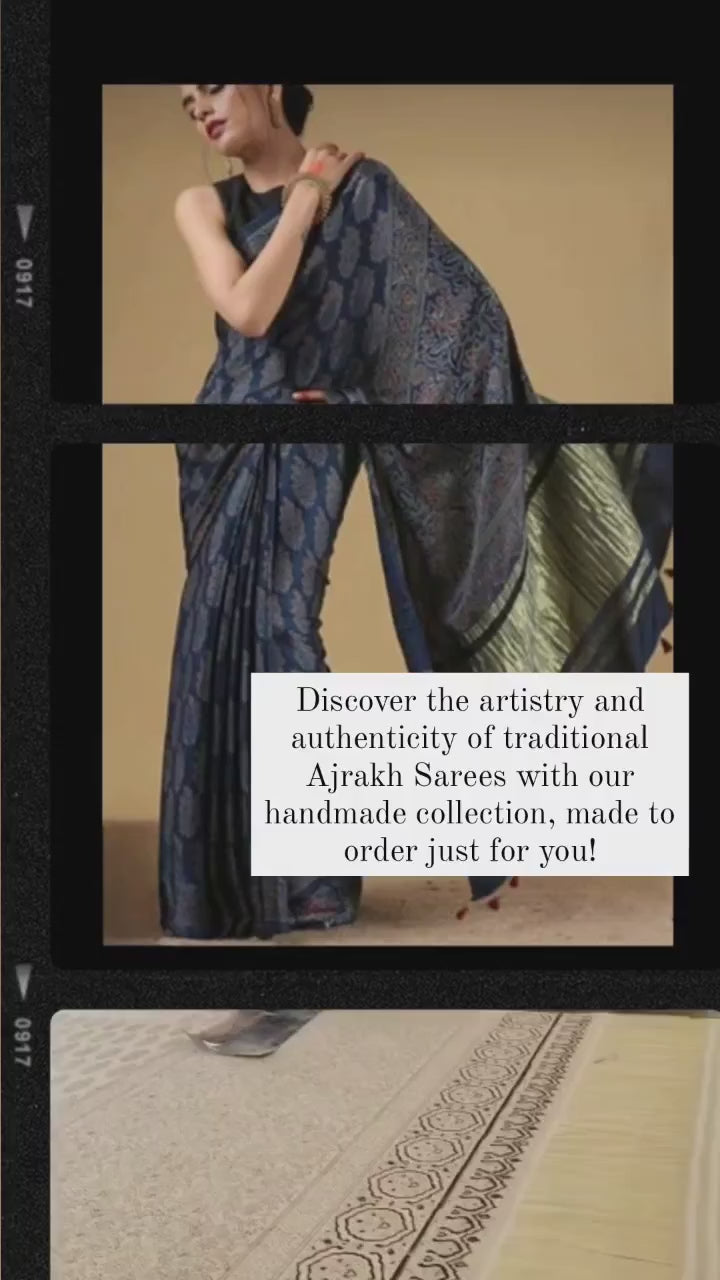 Indigo Modal Silk Ajrakh Hand Block Print Saree
