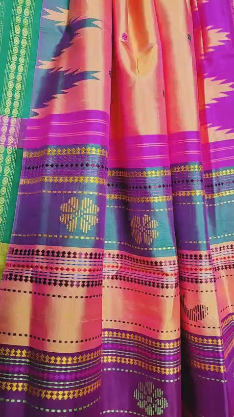 Stunning Dual-shade Berhampuri Double Pallu Silk Saree Featuring Ganga Jamuna Border