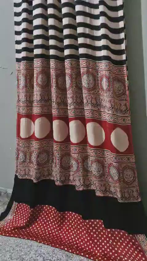 Pure Modal Silk Authentic Handblock Print Saree With Polka Dot Red Blouse Piece