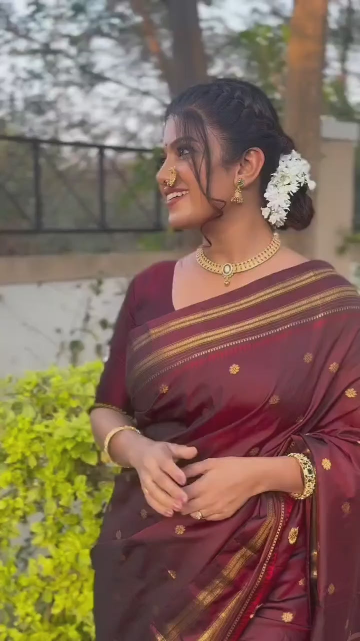 Maroon Authentic Narayanpet Paithani Saree | All Over Gold Zari Butti