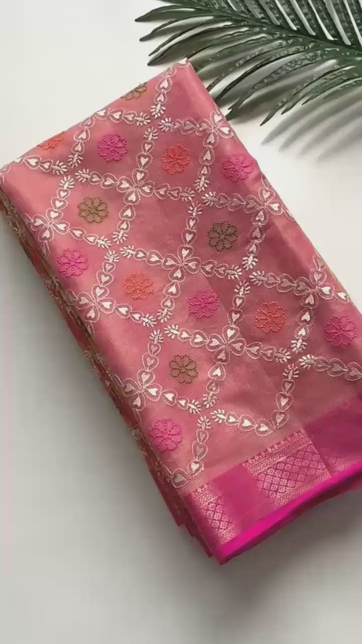 Pure Tissue Kota Embroidery Saree with Pink Contrast Border