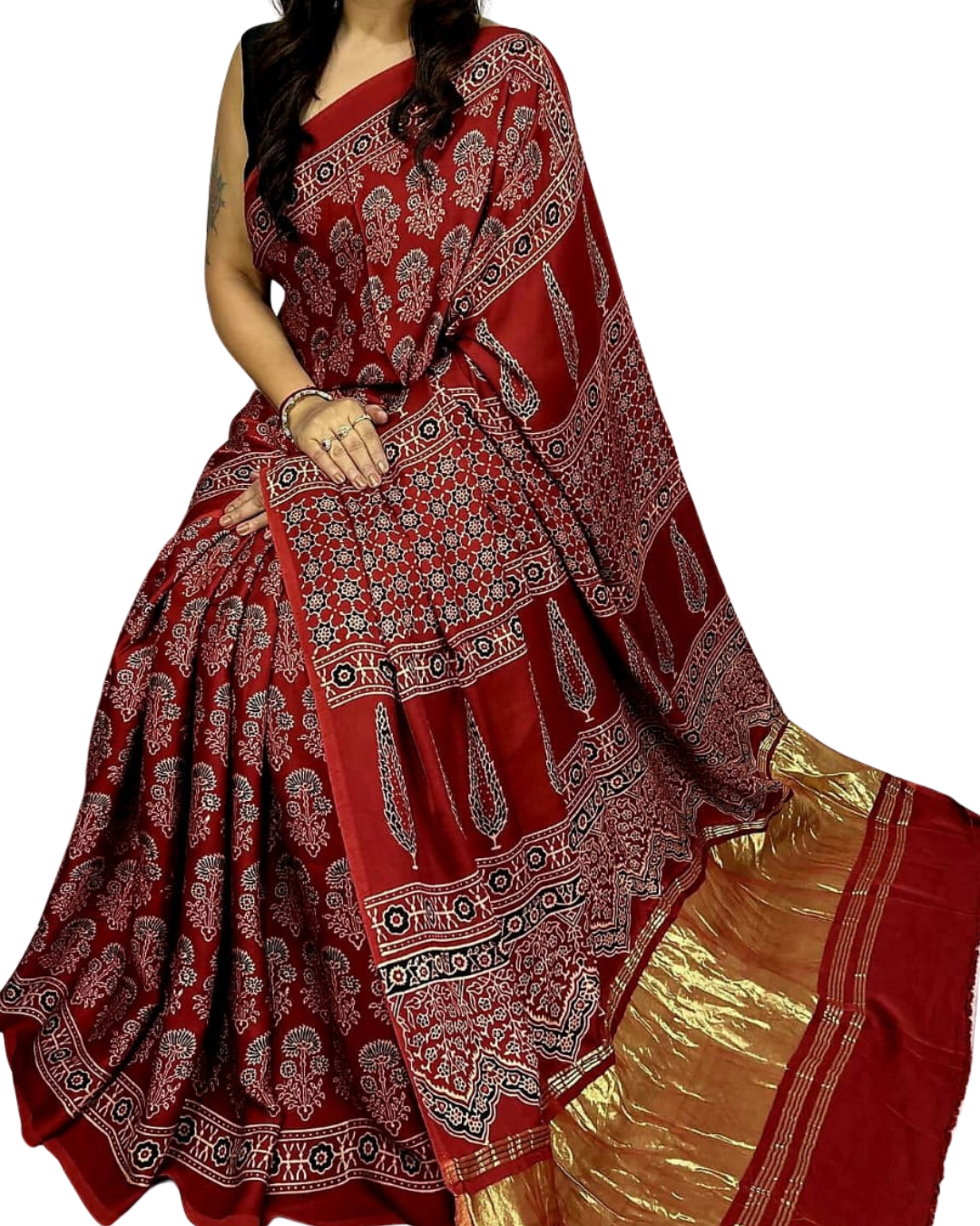 Red Pure Modal Silk Ajrakh Print Saree  Authentic Handloom Luxury