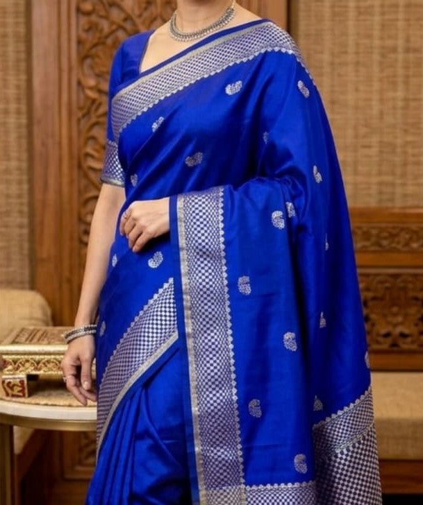 Royal Blue Silk Saree | Silver Zari Border | Silver Paisley Butta