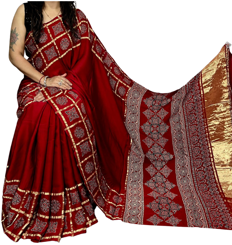 Pure Modal Silk Lagdi Patta Saree – Red Gada Pattern with Double Check Borders