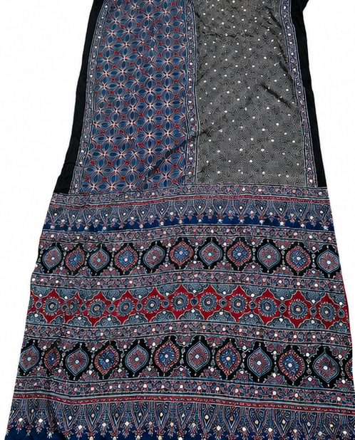 Grey & Indigo Ajrakh Mirror Work Pure Modal Silk Saree | Heavy Pallu | Hand-Block Print