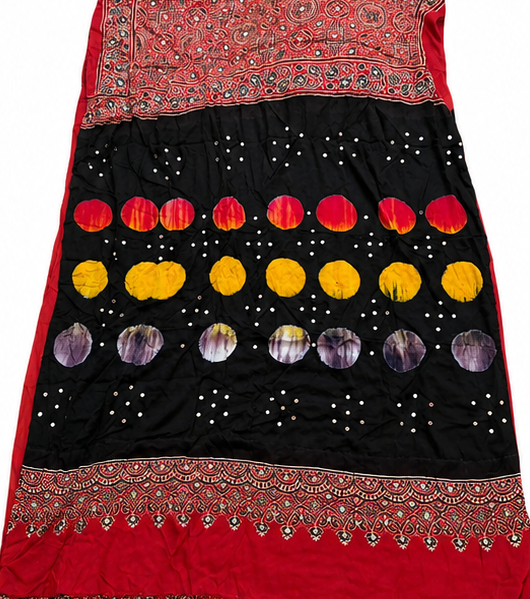 Red Ajrakh Mirror Work Pure Modal Silk Saree | Black Pallu | Polka Dot Print | Hand-Block Print