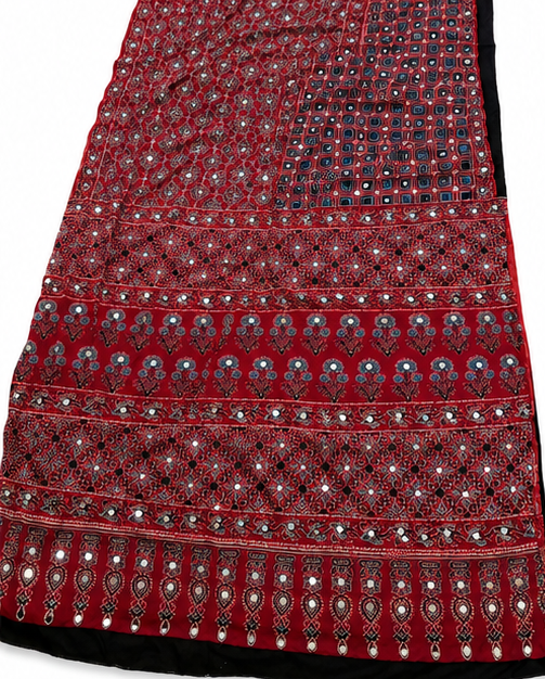 Red Ajrakh Mirror Work Pure Modal Silk Saree | Natural Vegetable Dye | Hand-Block Print