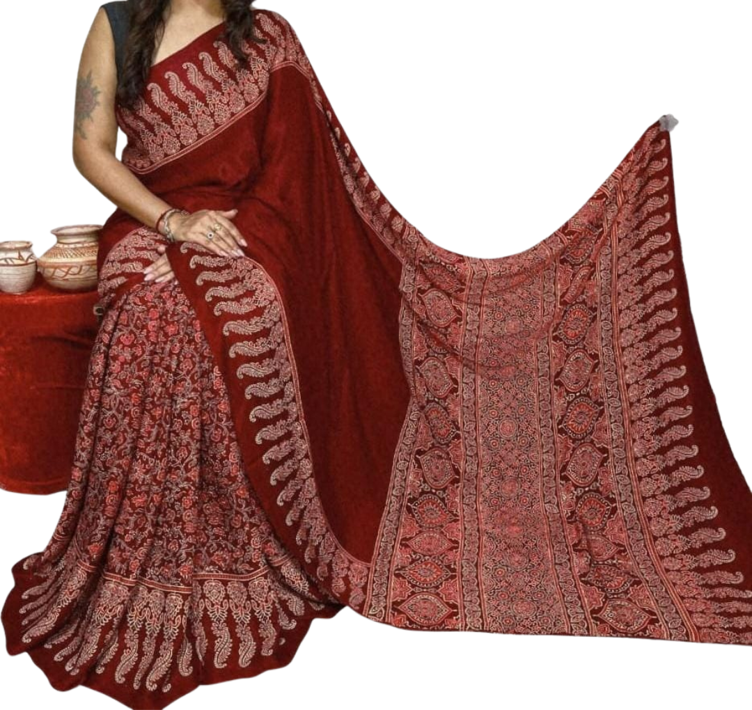 Red Ajrakh Modal Silk Saree