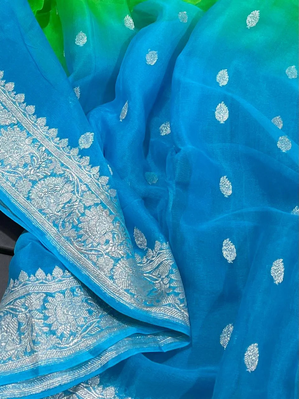 Authentic Banarasi Khaddi Georgette Handloom Saree | Silver Zari Butta