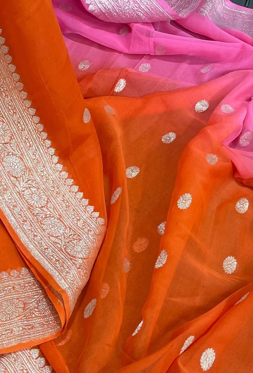 Authentic Banarasi Khaddi Georgette Handloom Saree | Silver Zari Butta