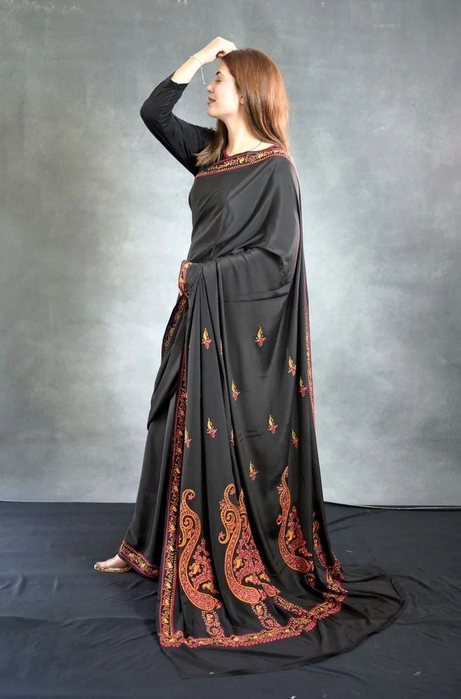 Kashmiri Hand Embroidered Sozni Work Pure Crepe Saree