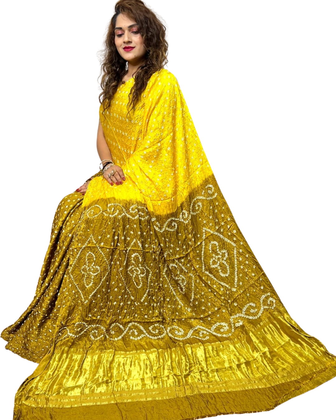 Bandhej Modal Silk Saree with Parrot Motif & Tissue Pallu